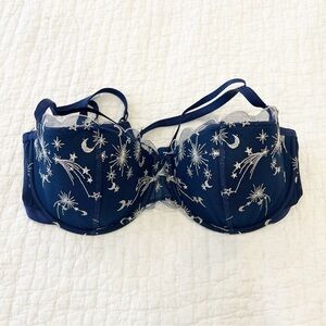 Adore Me Bra 36DD Blue Balconette Push Up Underwire Lace Stars Moon Celestial